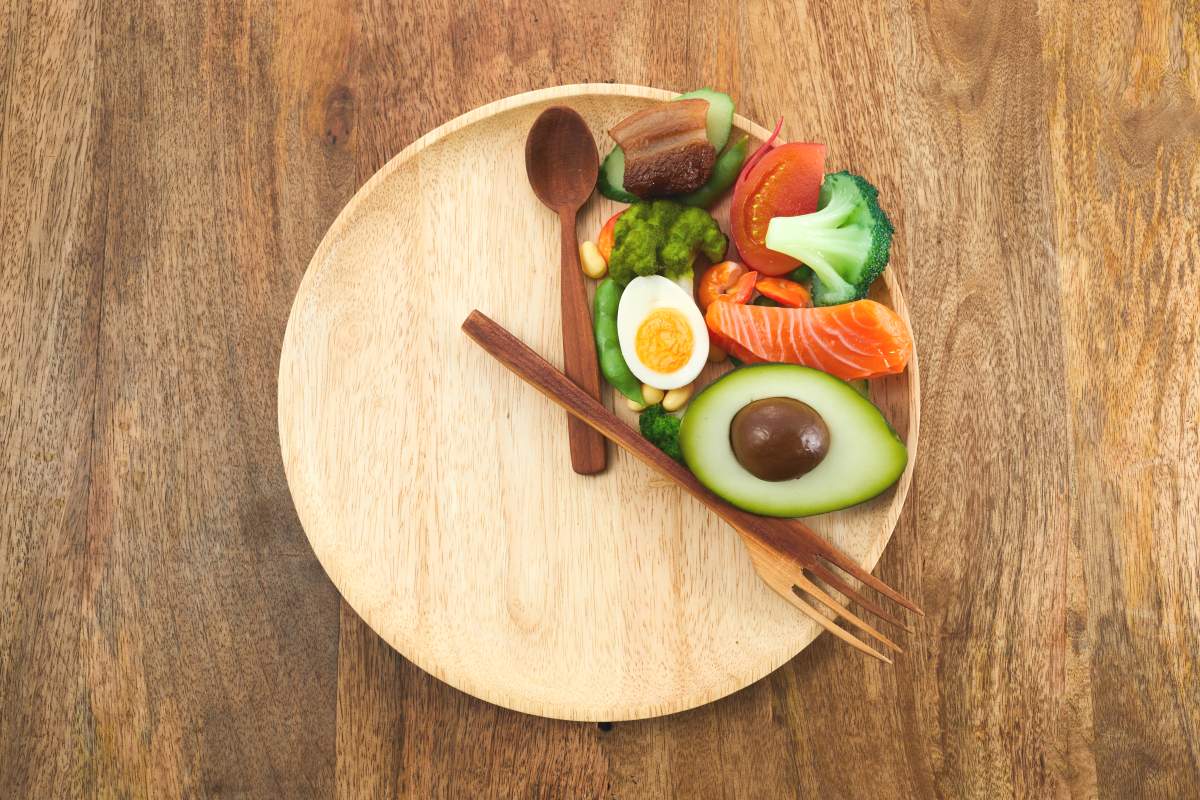Assiette organisée en horloge avec un repas entre midi et quatre heures - crédit photo : vetre via Shutterstock