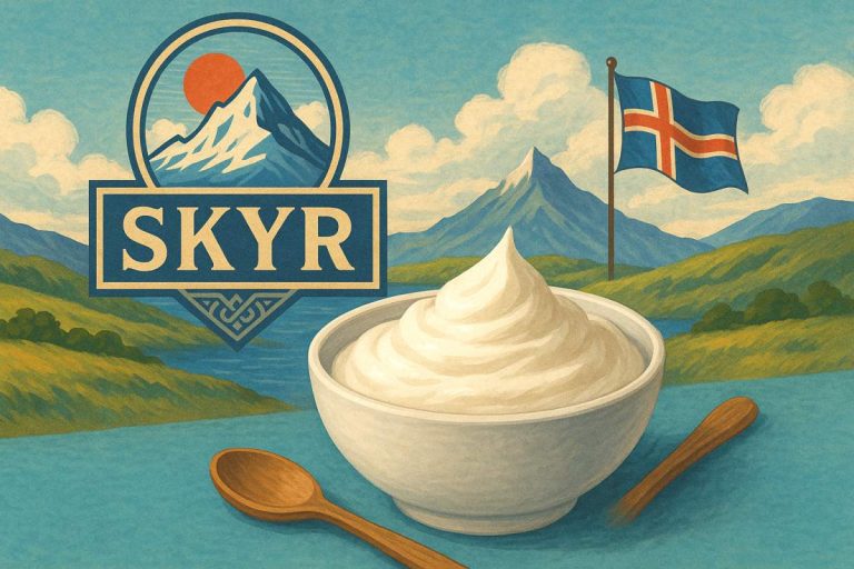 Illustration dessinée montrant un bol de skyr sur un paysage islandais